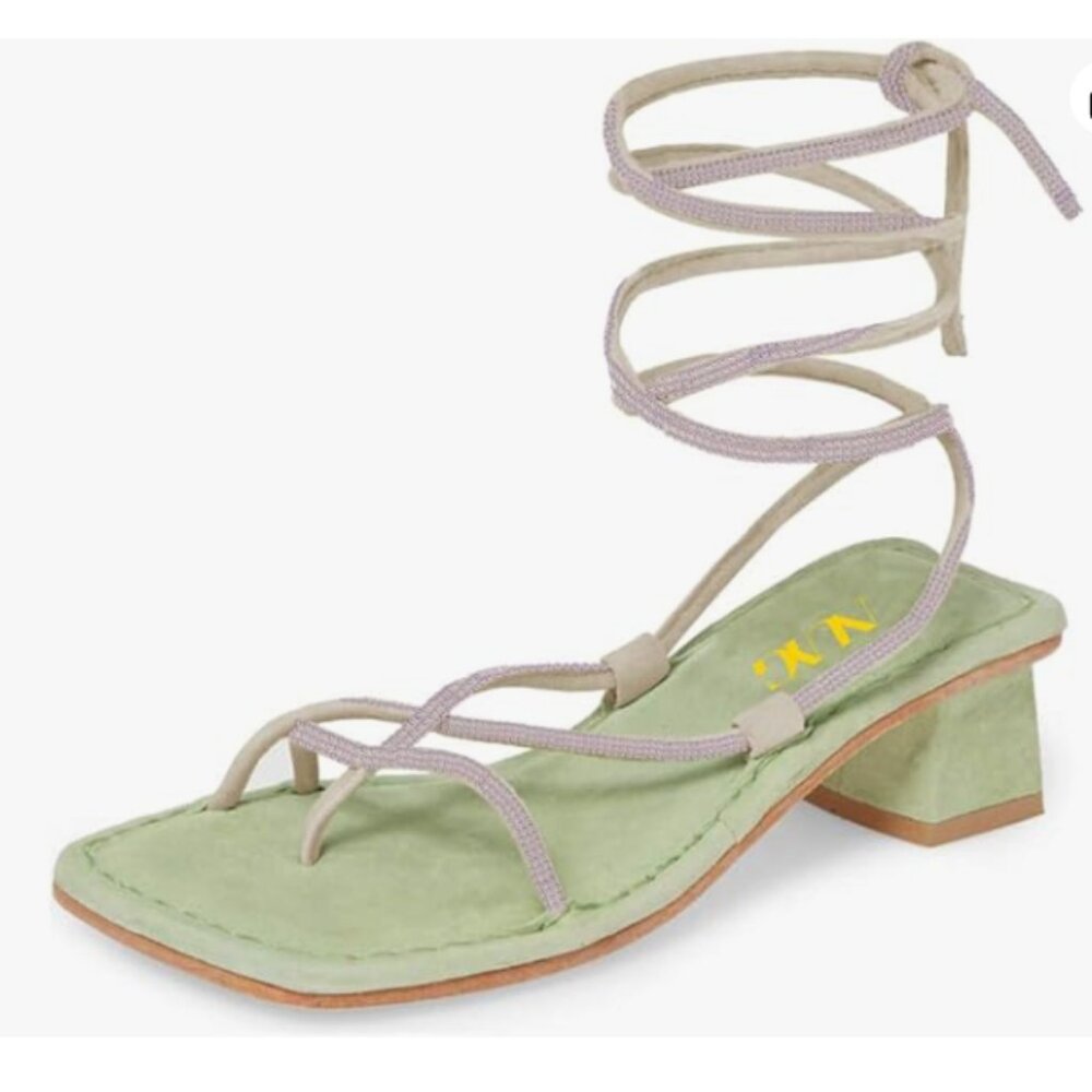 Pale Green Sexy Gladiator Block Low Heel Sandals Lace Up Thong Dress Shoes